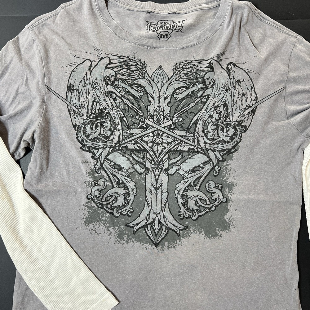 MMA Elite Thermal Shirt Men's Size M Gray Grunge‎ Sport Metal Wings Cross